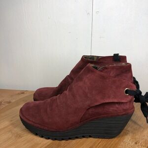 Fly London Shoes 39 Womens 8 Yebi Ankle Boots Red Suede Tie Casual Wedge